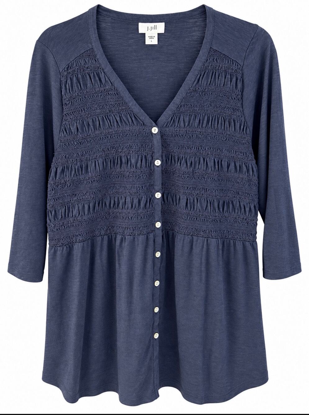 J.Jill Smocked Tunic Cardigan Top Womens L Navy Blue Button Front 3/4 Sleeve